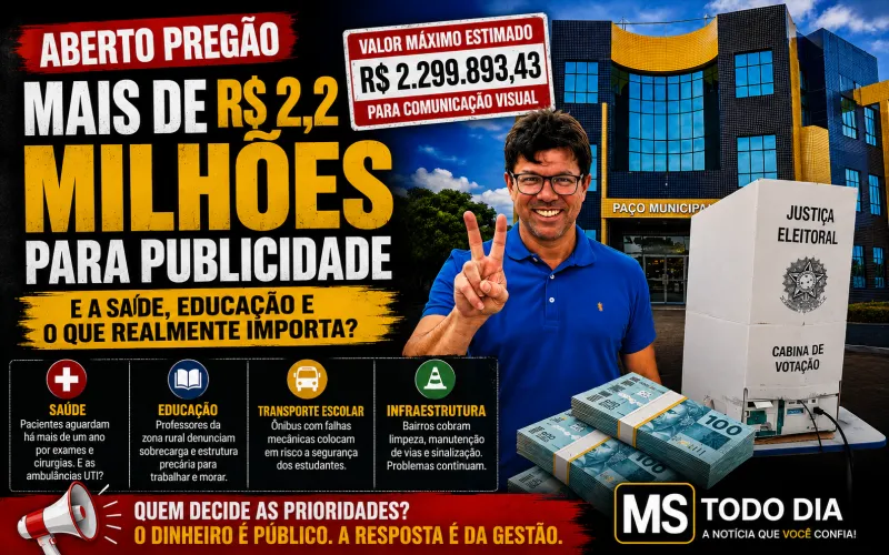 Ilustração da notícia Prefeitura de Costa Rica abre licitação de R$ 2,2 milhões para publicidade; prioridade é saúde ou propaganda?